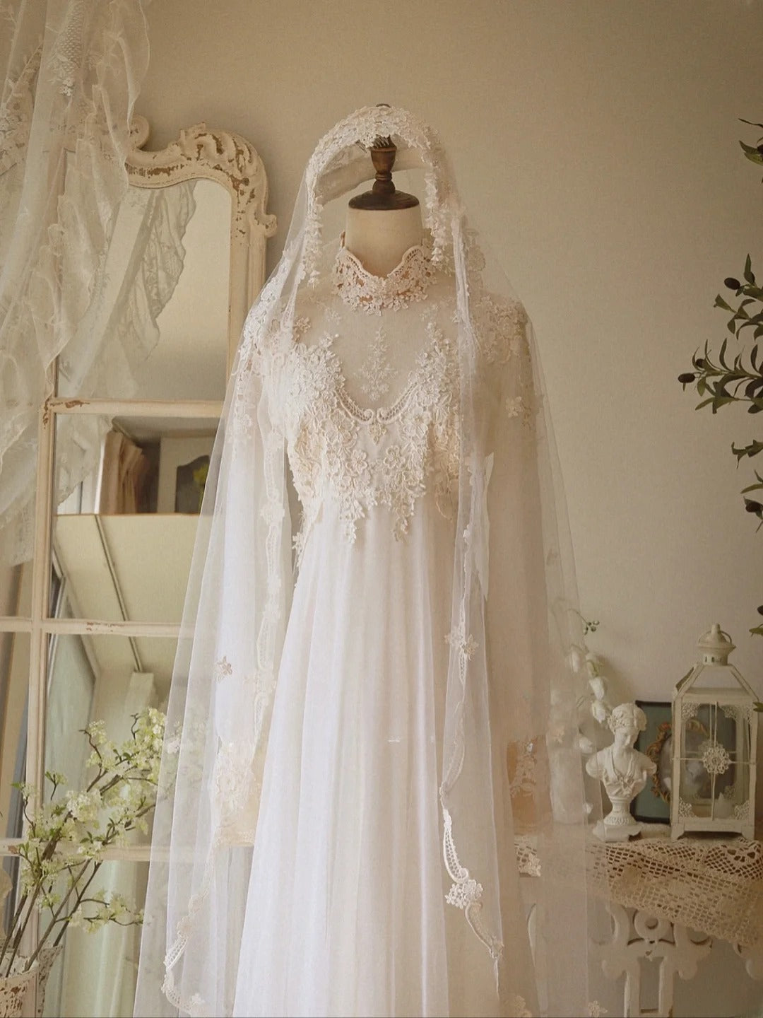 Elegant A Line High Collar Lace Pleated Wedding Dress D3004