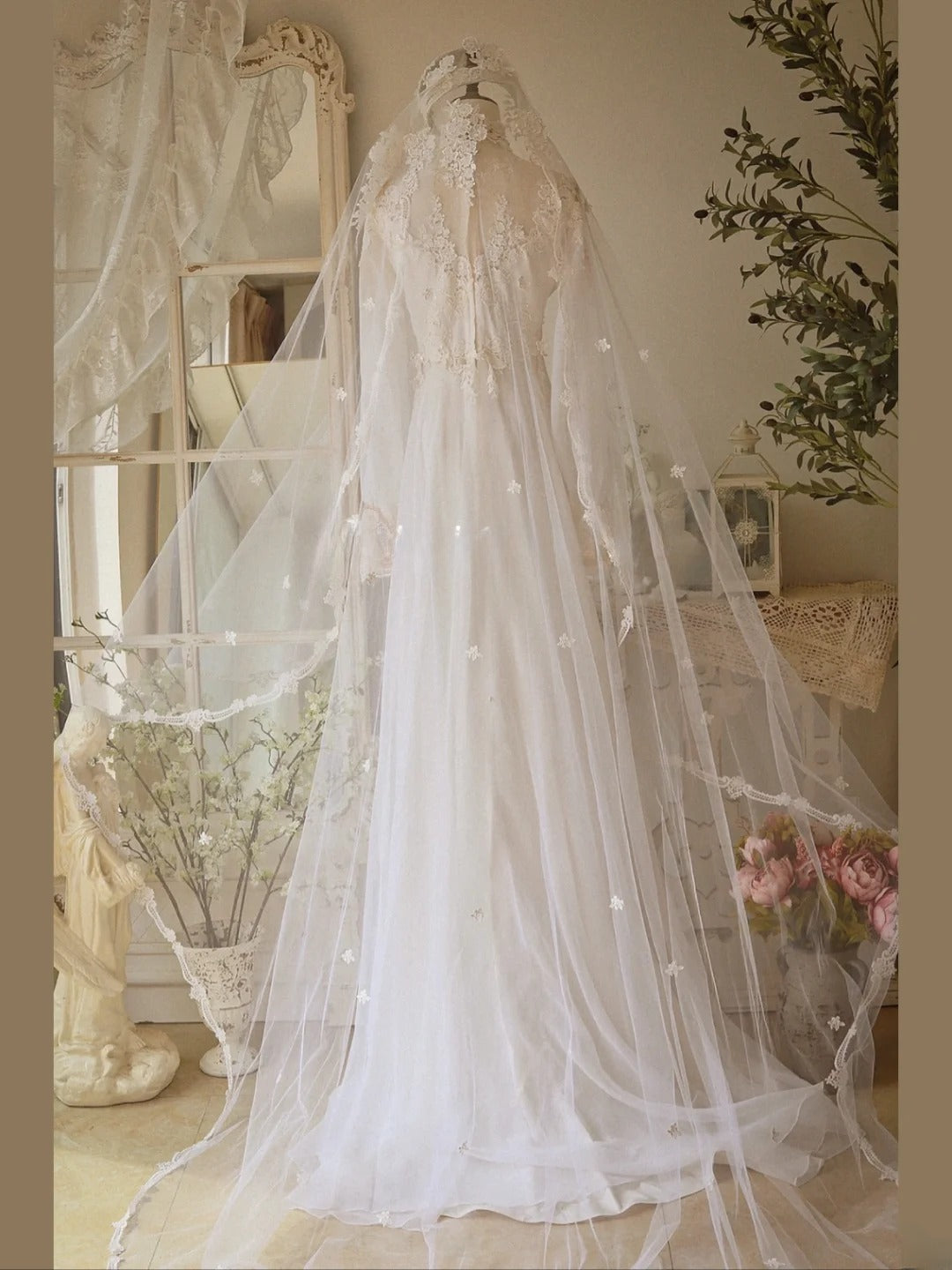 Elegant A Line High Collar Lace Pleated Wedding Dress D3004