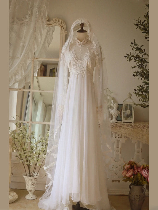 Elegant A Line High Collar Lace Pleated Wedding Dress D3004