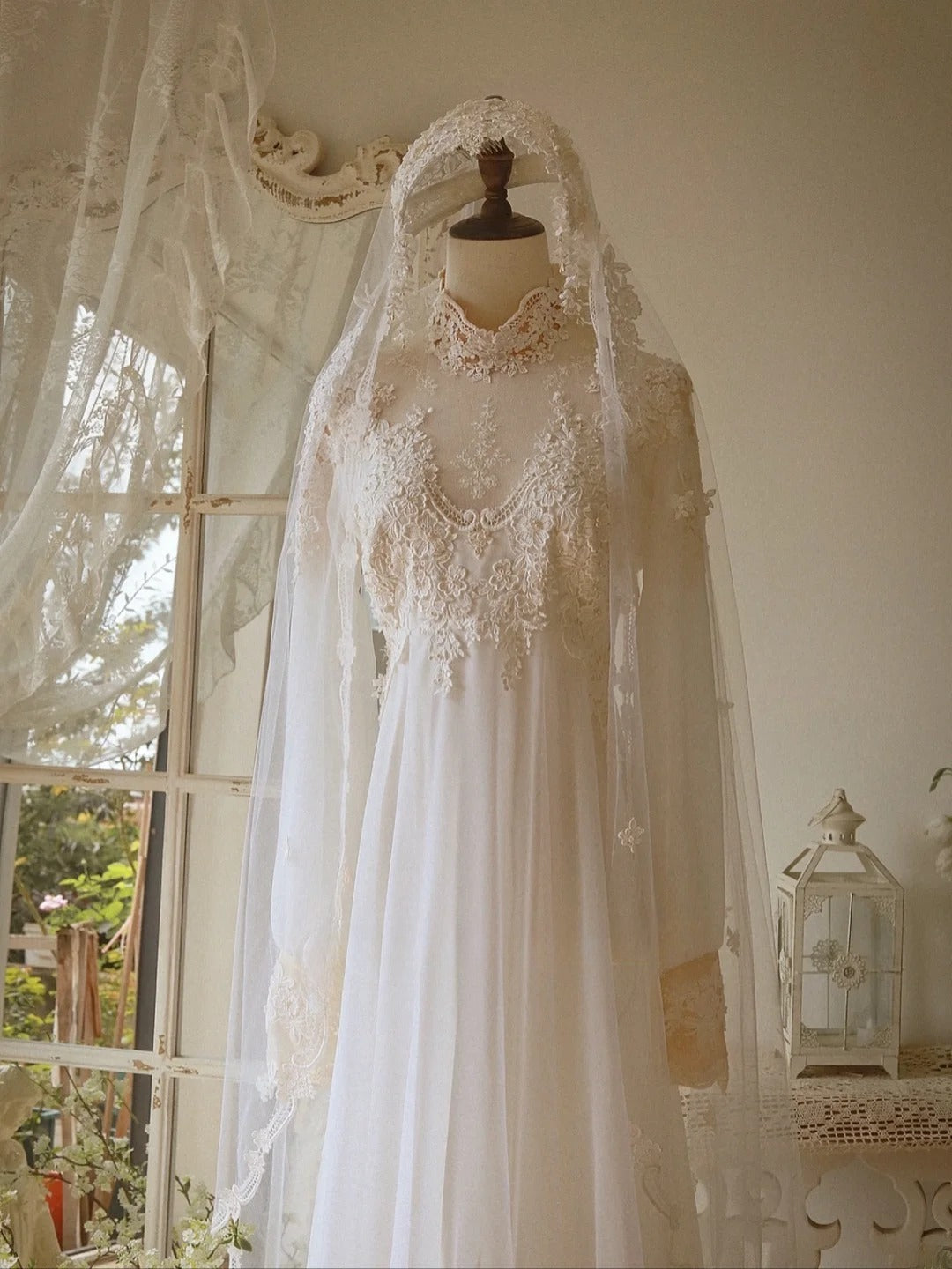 Elegant A Line High Collar Lace Pleated Wedding Dress D3004