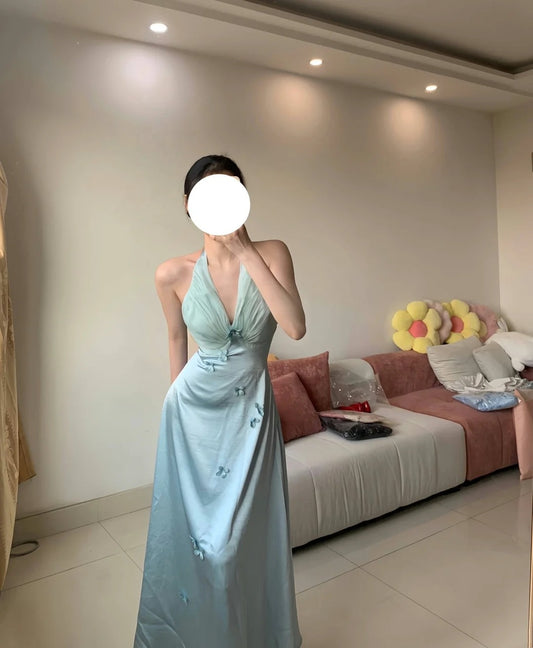 Sweet Prom Dress Light Blue A Line V-neck Party Dress Gala Dress  D3006