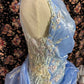 Shiny Prom Dress Light Blue Crew Neck Pleated Party Dress Gala Dress Evening Dress  D3007