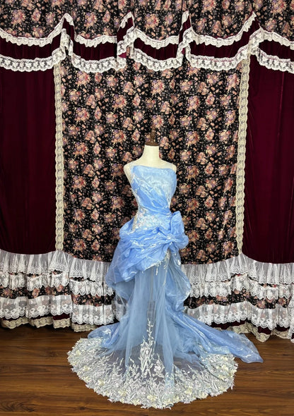 Shiny Prom Dress Light Blue Crew Neck Pleated Party Dress Gala Dress Evening Dress  D3007