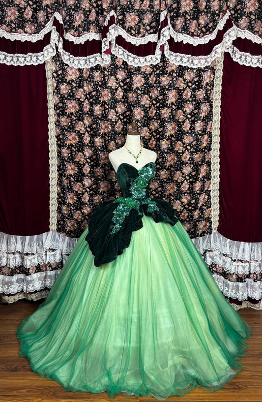 Gorgeous Prom Dress Green Sweetheart Velvet Tulle Ball Gown Evening Dress Birthday Party Dress    D3019