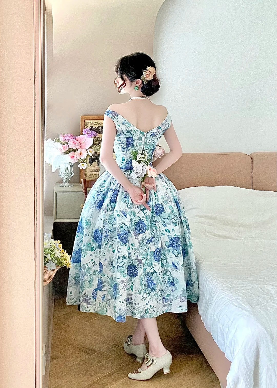 Beauty Prom Dress Off Shoulder Pleated Print Evening Dress Birthday Party Dress Gala Dress    D3021