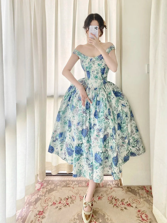 Beauty Prom Dress Off Shoulder Pleated Print Evening Dress Birthday Party Dress Gala Dress    D3021
