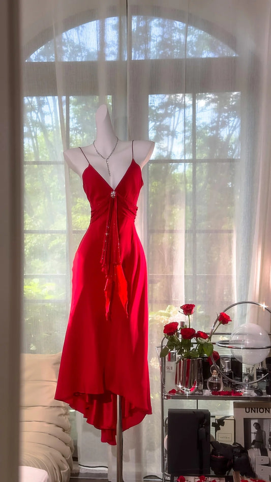 Beauty Prom Dress Red V-neck Pleated Evening Dress Gala Dress Dancing Dress D3033