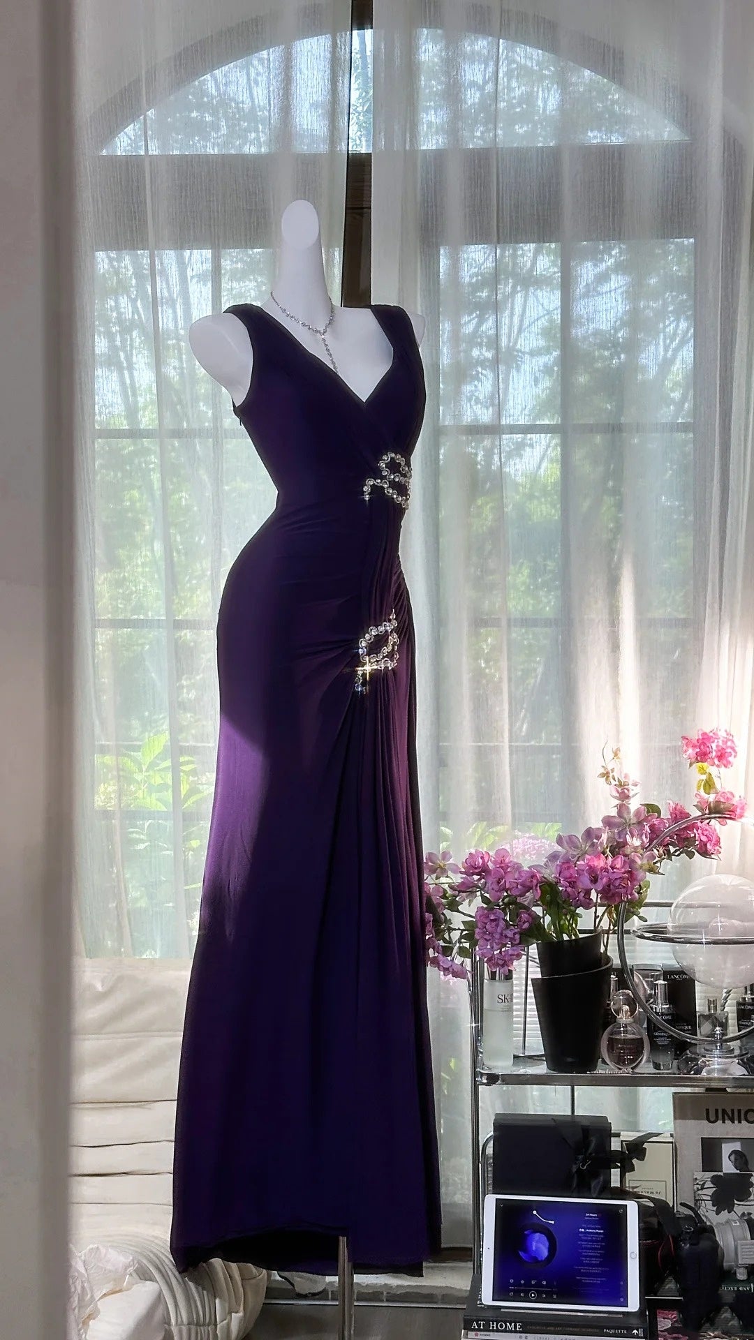 Gorgeous Prom Dress Dark Purple V-neck Pleated Evening Dress Gala Dress D3034