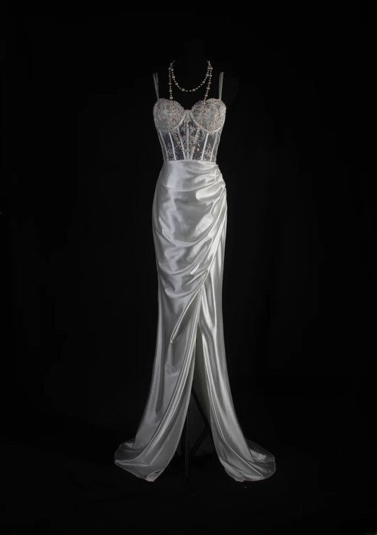 Elegant Prom Dress Spaghetti Straps Slit Pleated Mermaid Evening Dresses Gala Dress D3040