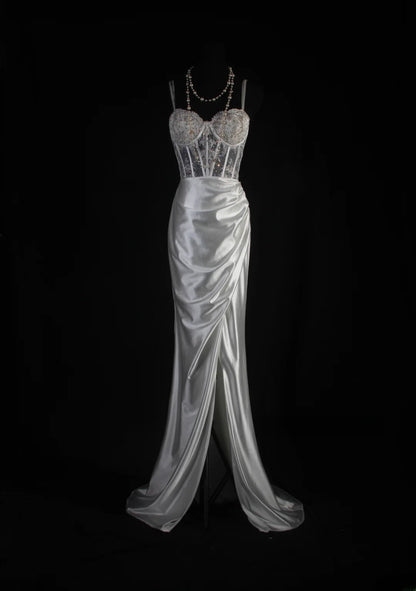 Elegant Prom Dress Spaghetti Straps Slit Pleated Mermaid Evening Dresses Gala Dress D3040