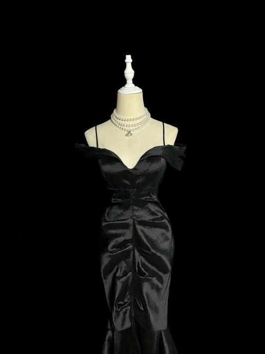 Stunning Prom Dress Black Off Shoulder Pleated Mermaid Evening Dresses Gala Dress D3042