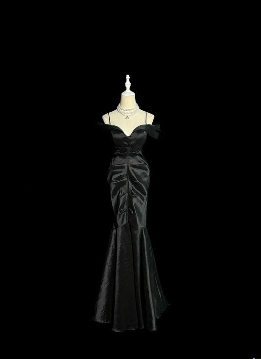 Stunning Prom Dress Black Off Shoulder Pleated Mermaid Evening Dresses Gala Dress D3042