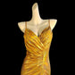 Shiny Prom Dress Gold Spaghetti Straps Pleated Slit Mermaid Evening Dresses Gala Dress D3044