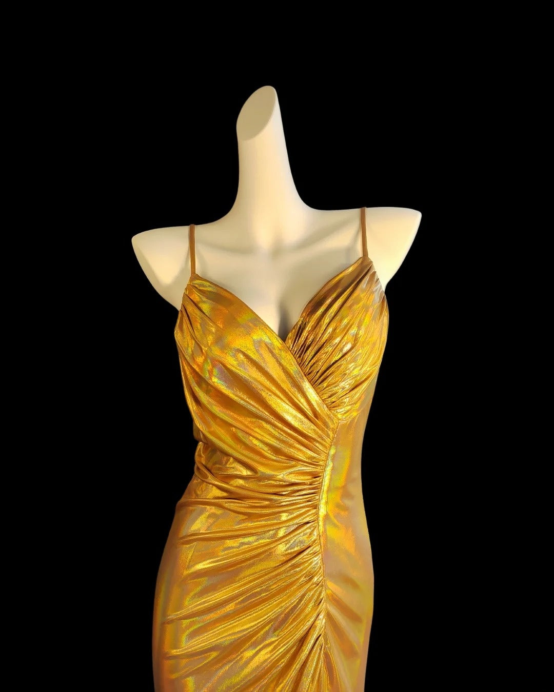 Shiny Prom Dress Gold Spaghetti Straps Pleated Slit Mermaid Evening Dresses Gala Dress D3044