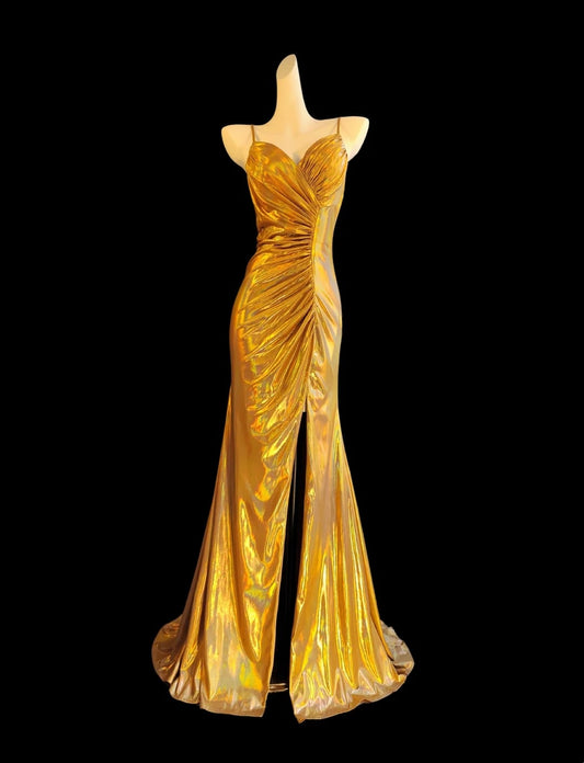 Shiny Prom Dress Gold Spaghetti Straps Pleated Slit Mermaid Evening Dresses Gala Dress D3044