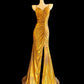 Shiny Prom Dress Gold Spaghetti Straps Pleated Slit Mermaid Evening Dresses Gala Dress D3044