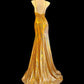 Shiny Prom Dress Gold Spaghetti Straps Pleated Slit Mermaid Evening Dresses Gala Dress D3044
