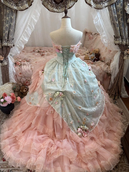 Sweet Prom Dress Strapless Flower Ruffle Ball Gown Evening Dress Quinceanera Dress  D3050