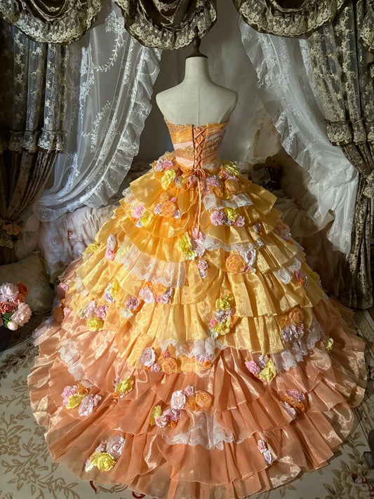 Beauty Prom Dress Strapless Flower Tiered Ball Gown Evening Dress Sweet 16 Dress    D3052