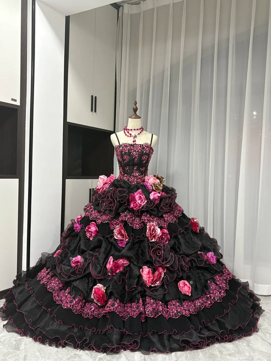 Stunning Prom Dress Spaghetti Straps Flower Ruffle Ball Gown Evening Dress Quinceanera Dress   D3051