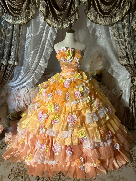 Beauty Prom Dress Strapless Flower Tiered Ball Gown Evening Dress Sweet 16 Dress    D3052
