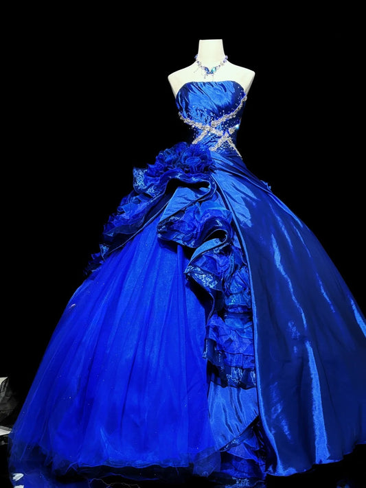 Charming Prom Dress Blue Strapless Ruffle Ball Gown Evening Dress Birthday Party Dress     D3053