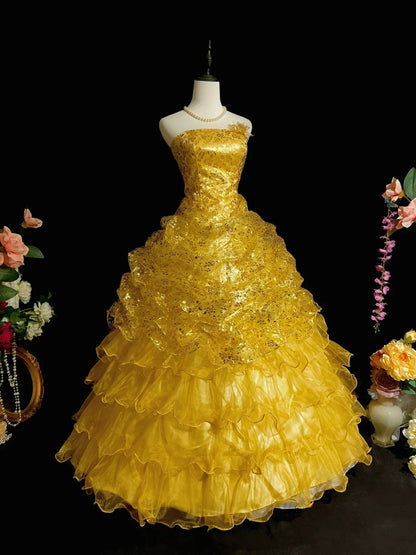 Shiny Prom Dress Gold Strapless Pleated Ruffle Ball Gown Evening Dress Gala Dress      D3064