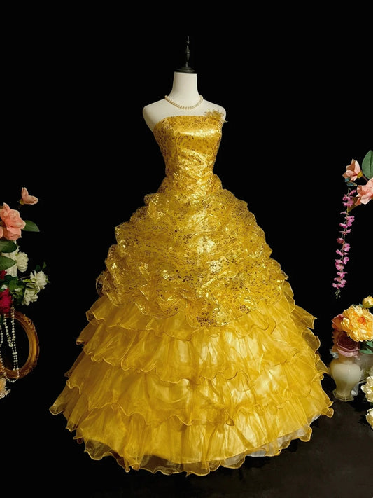 Shiny Prom Dress Gold Strapless Pleated Ruffle Ball Gown Evening Dress Gala Dress      D3064