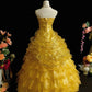 Shiny Prom Dress Gold Strapless Pleated Ruffle Ball Gown Evening Dress Gala Dress      D3064