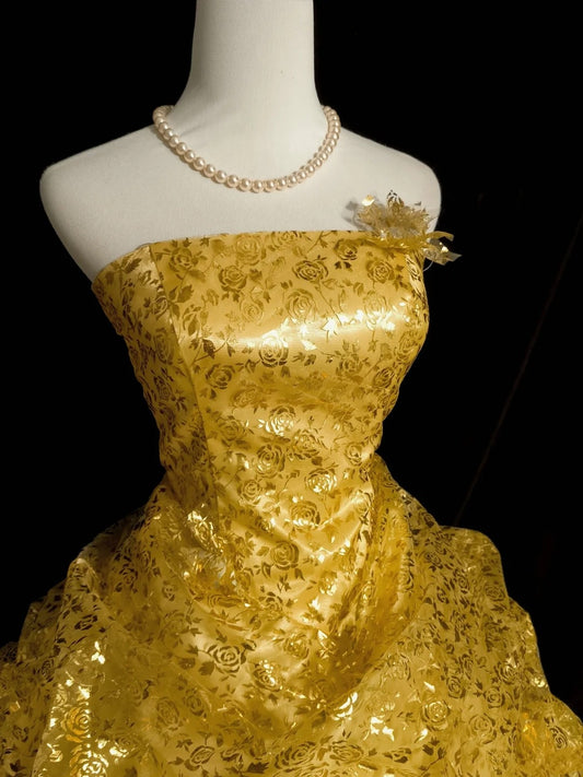Shiny Prom Dress Gold Strapless Pleated Ruffle Ball Gown Evening Dress Gala Dress      D3064