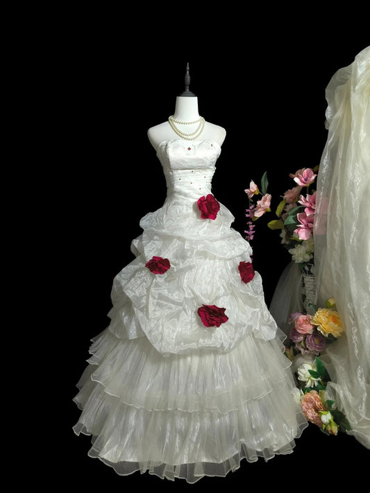 Charming Prom Dress Strapless Flower Pleated Evening Dress Gala Dress     D3066