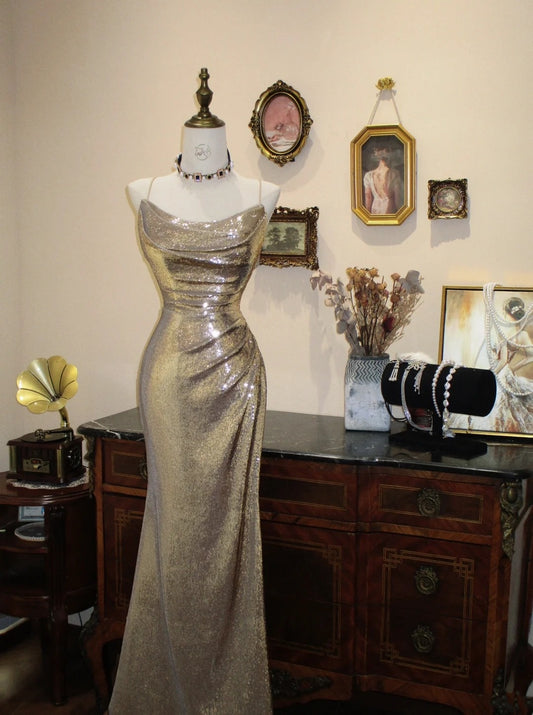 Shiny Prom Dress Spaghetti Straps Pleated Mermaid Evening Dress Gala Dress    D3072