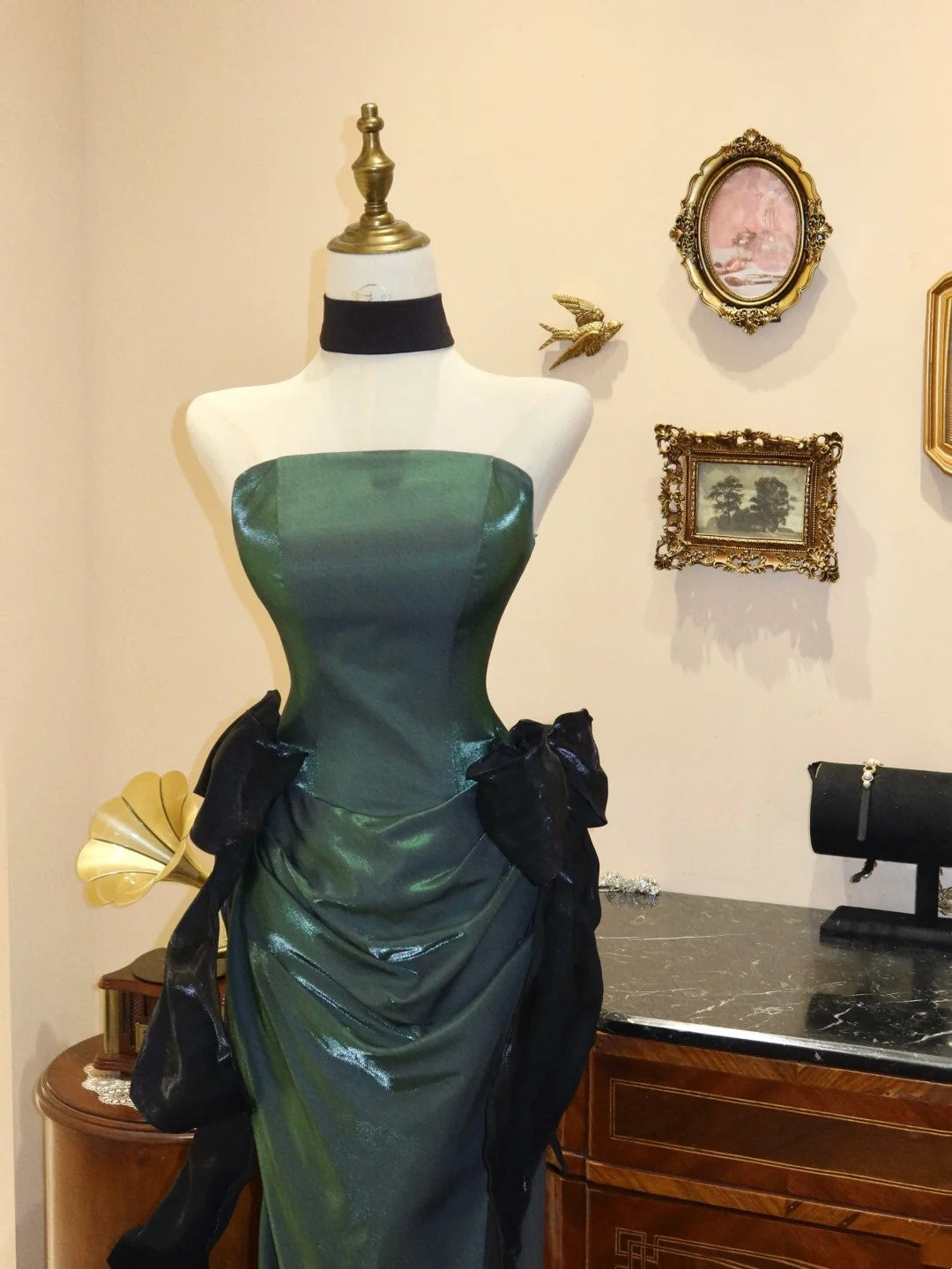 Elegant Prom Dress Dark Green Strapless Pleated Evening Dress Gala Dress    D3073