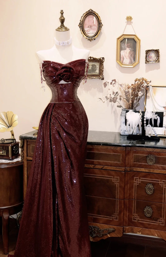 Shiny Prom Dress Strapless Pleated Rose Evening Dress Gala Dress   D3079