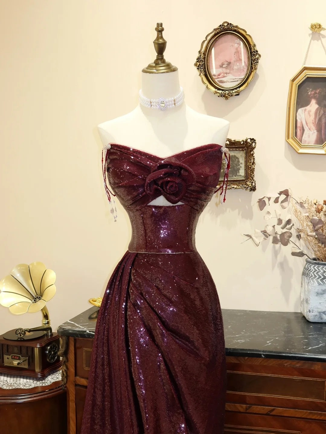Shiny Prom Dress Strapless Pleated Rose Evening Dress Gala Dress   D3079