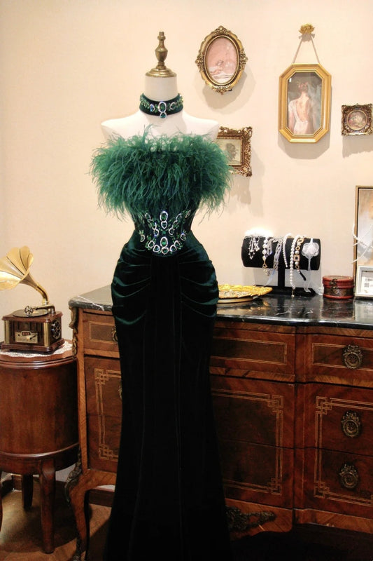 Charming Prom Dress Dark Green Strapless Crystal Pleated Evening Dress Gala Dress   D3080