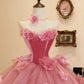 Sweet Prom Dress Hot Pink Strapless Flower Tulle Evening Dress Quinceanera Dress Ball Gown   D3082