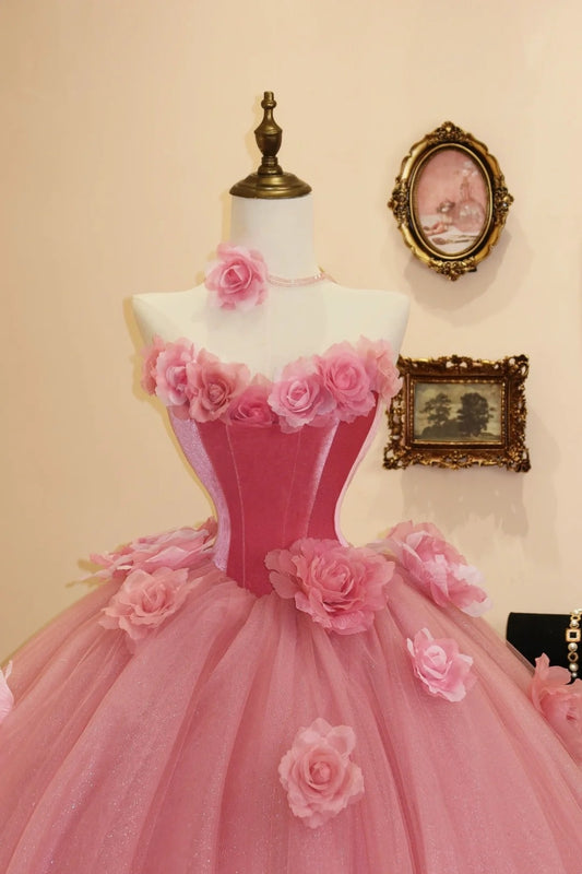 Sweet Prom Dress Hot Pink Strapless Flower Tulle Evening Dress Quinceanera Dress Ball Gown   D3082