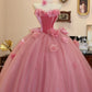 Sweet Prom Dress Hot Pink Strapless Flower Tulle Evening Dress Quinceanera Dress Ball Gown   D3082