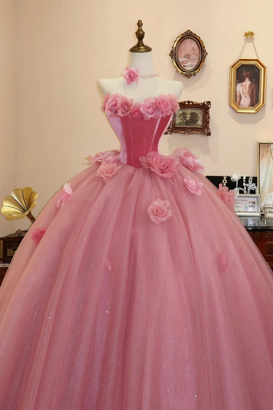 Sweet Prom Dress Hot Pink Strapless Flower Tulle Evening Dress Quinceanera Dress Ball Gown   D3082