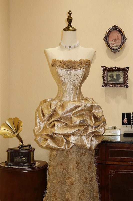 Charming Prom Dress Strapless Pleated Flower Evening Dress Gala Dress  D3084