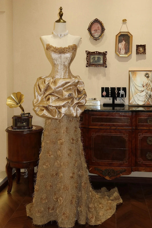Charming Prom Dress Strapless Pleated Flower Evening Dress Gala Dress  D3084