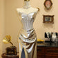 Shiny Prom Dress Sliver Sweetheart Slit Pleated Long  Evening Dress Gala Dress D3088