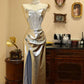 Shiny Prom Dress Sliver Sweetheart Slit Pleated Long  Evening Dress Gala Dress D3088