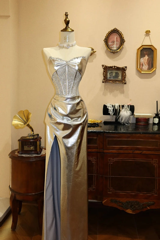 Shiny Prom Dress Sliver Sweetheart Slit Pleated Long  Evening Dress Gala Dress D3088