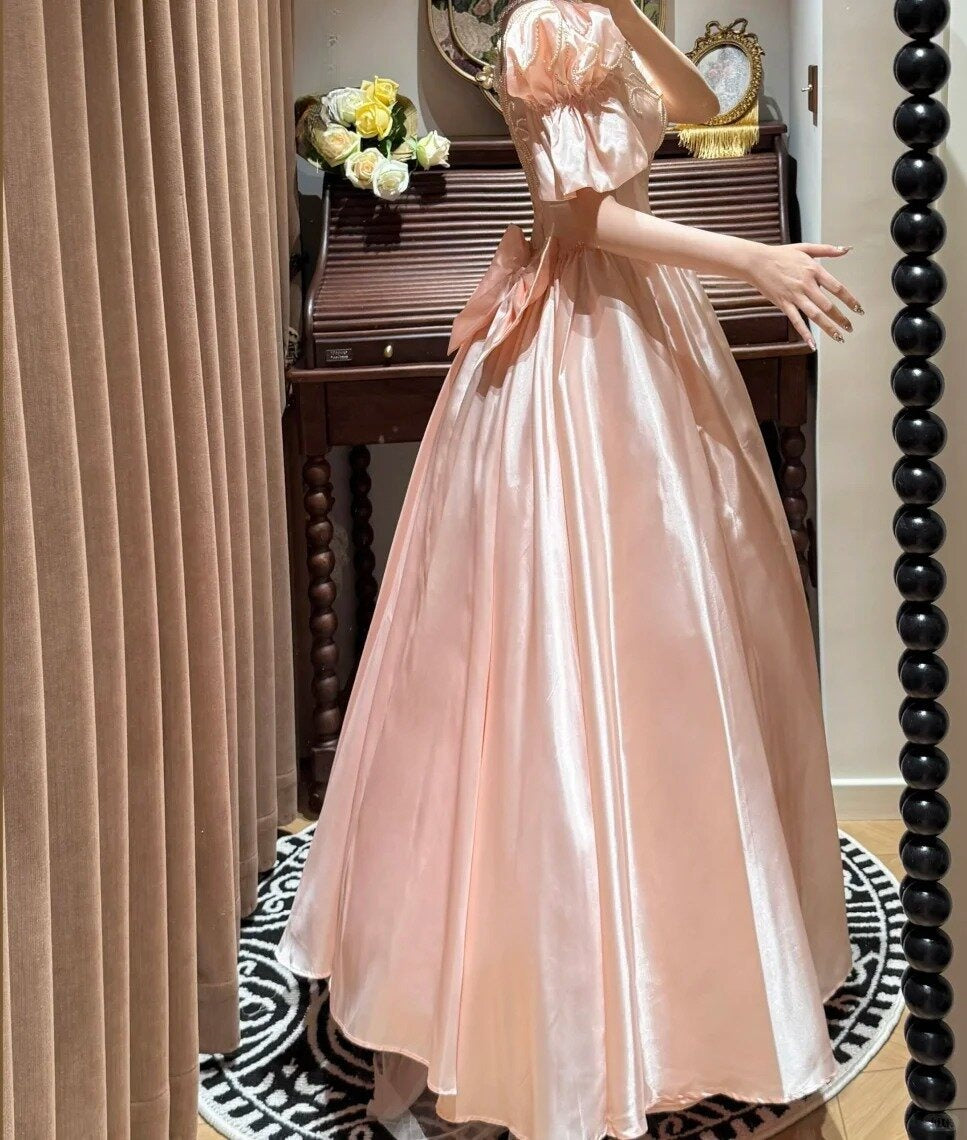 Sweet Prom Dress Light Pink V-neck Pearl Birthday Party Dress Evening Dress Dancing Dress D3090