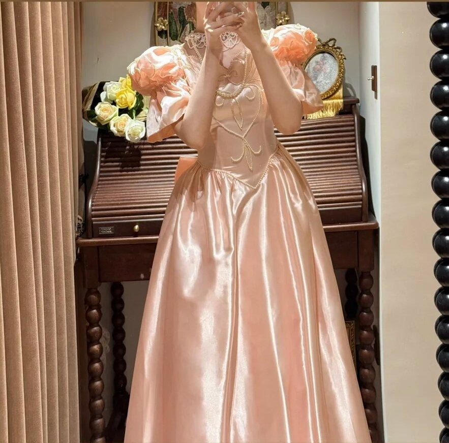 Sweet Prom Dress Light Pink V-neck Pearl Birthday Party Dress Evening Dress Dancing Dress D3090