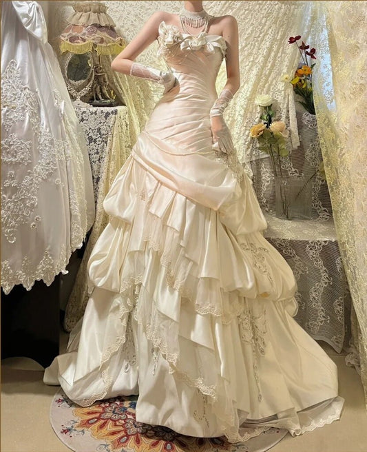 Charming Prom Dress Strapless Pleated Tiered Birthday Party Dress Evening Dress  D3091