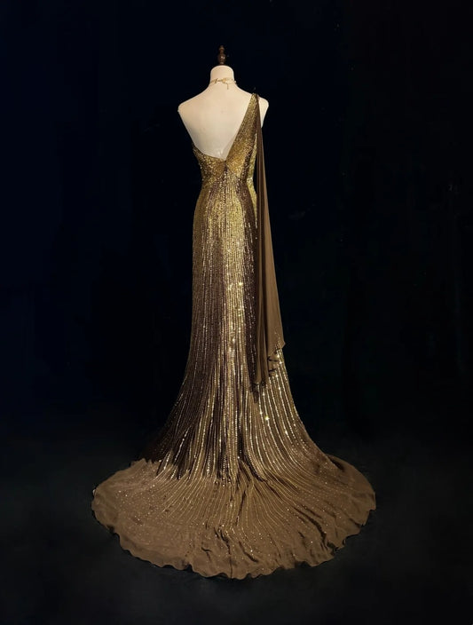 Shiny Prom Dress Gold One Shoulder Gala Dress Evening Dress    D3093