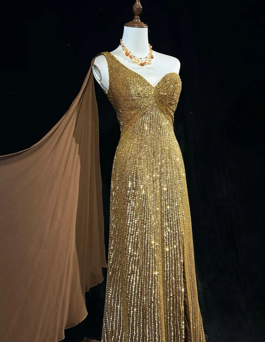 Shiny Prom Dress Gold One Shoulder Gala Dress Evening Dress    D3093